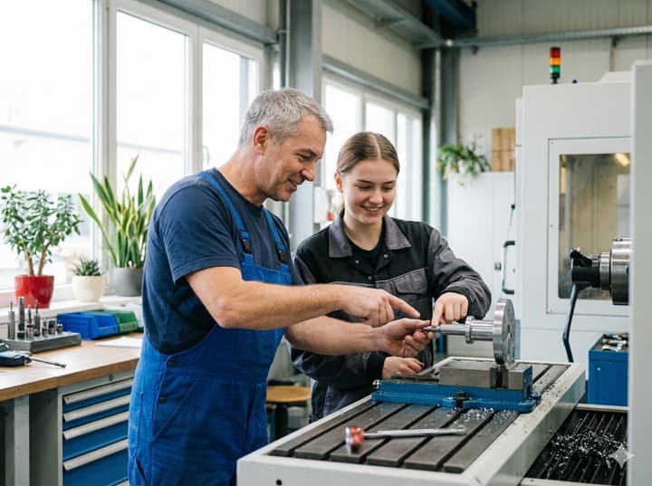 Apprentice with mentor in workplace