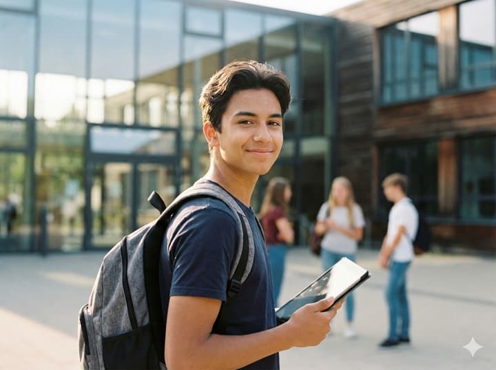 Smiling teenage student with backpack